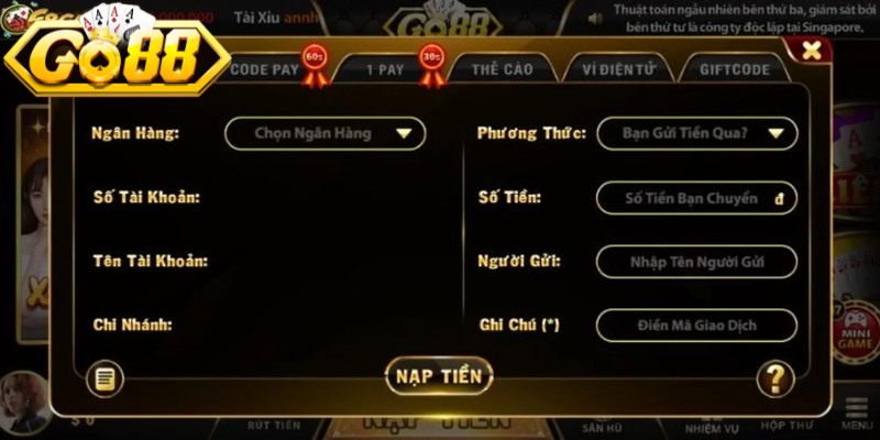 Những hình thức nạp tiền đang được cập nhật